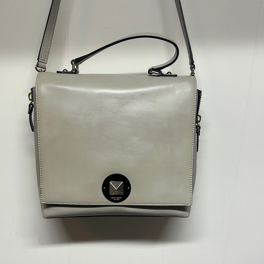 Kate Spade Leather Varick St Abbie Satchel Shoulder Bag Taupe/Black Convertible